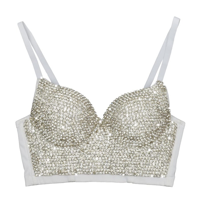 ELLACCI Women's Rhinestone Diamond Push up Bustier Crop Top Sexy Punk Corset Bra White Large - Image 1
